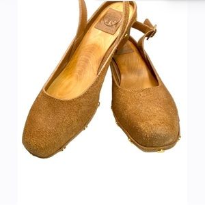 Tory Burch Alexander Brown Suede Slingback Clogs Wood Sole Gold Rivets 8M New!